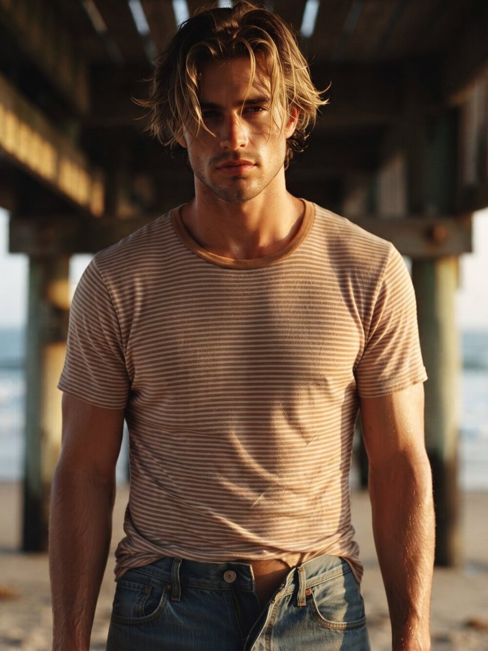 PacSun PS Basics Men's M Striped Cotton T-Shirt Mustard White Coastal Heritage